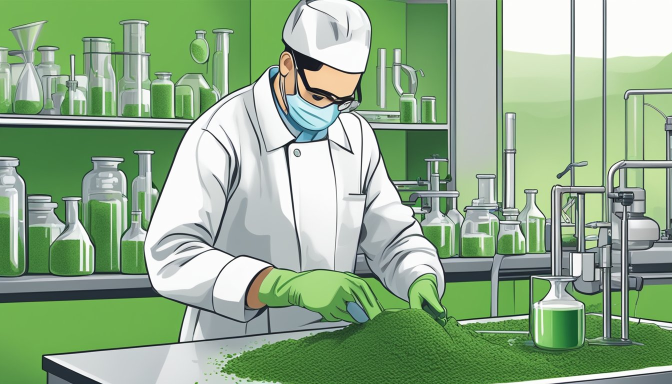 A laboratory technician tests chlorella powder for potency and quality control using specialized equipment and tools