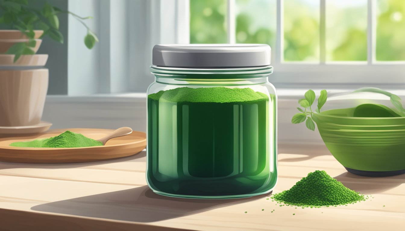 A glass jar of chlorella powder sits on a clean, well-lit kitchen shelf, away from direct sunlight and moisture