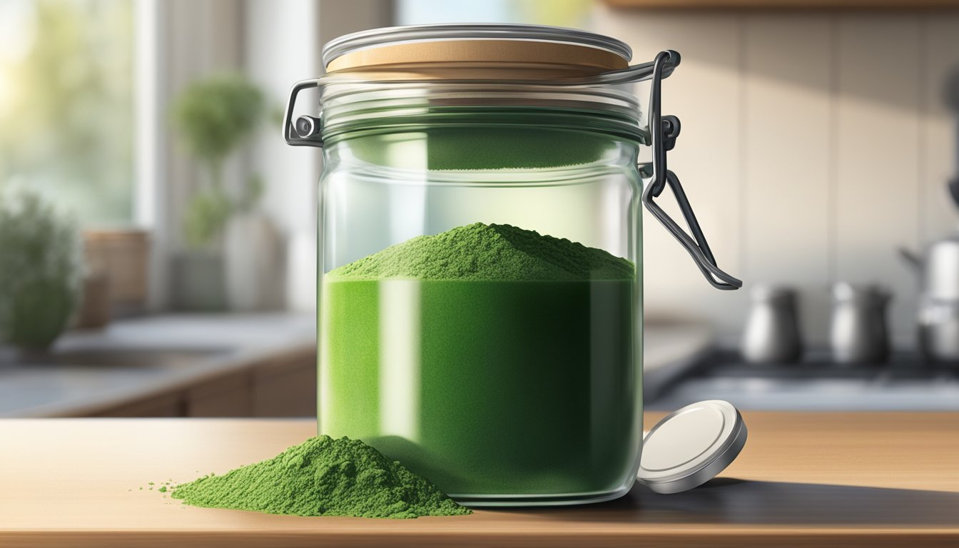 A clear glass jar of chlorella powder sits on a kitchen counter, exposed to sunlight and moisture. The powder inside appears clumped and discolored