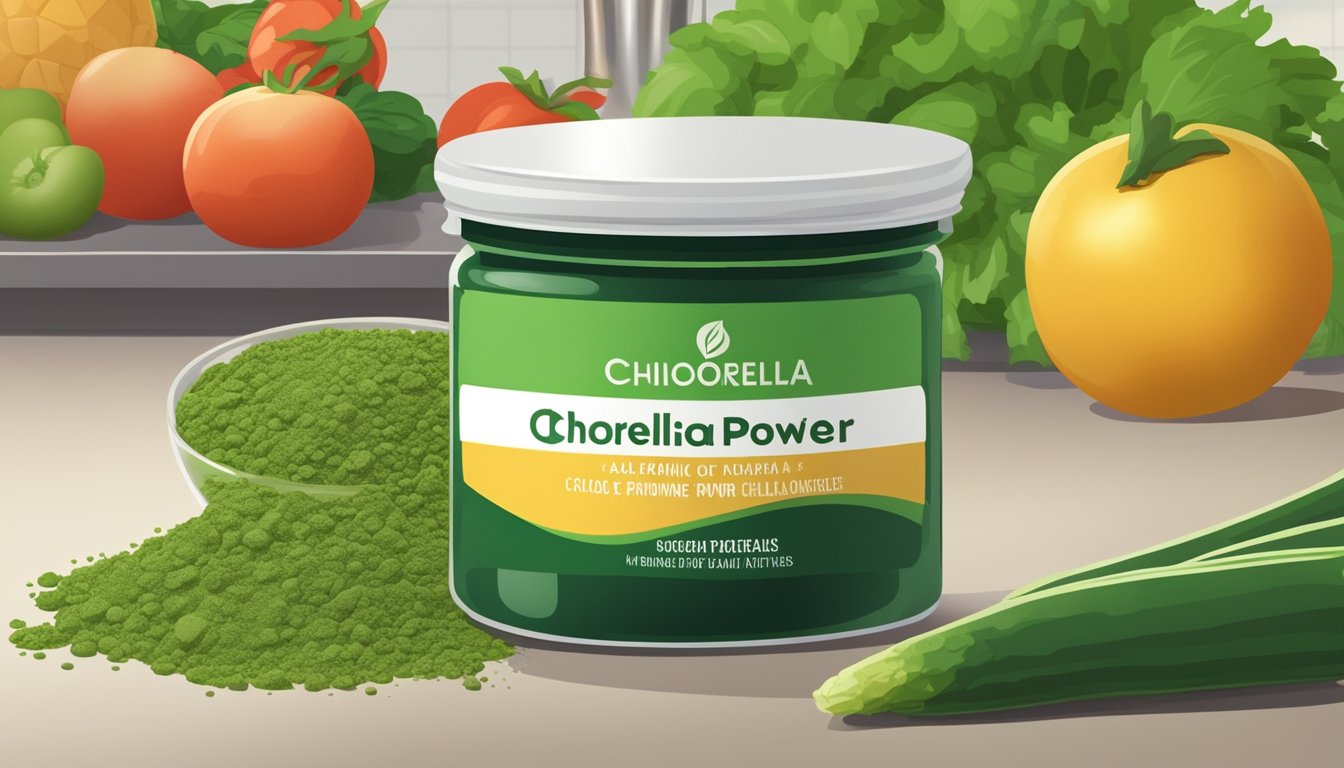 A jar of chlorella powder sits on a kitchen counter, surrounded by fresh fruits and vegetables. The jar is labeled with an expiration date