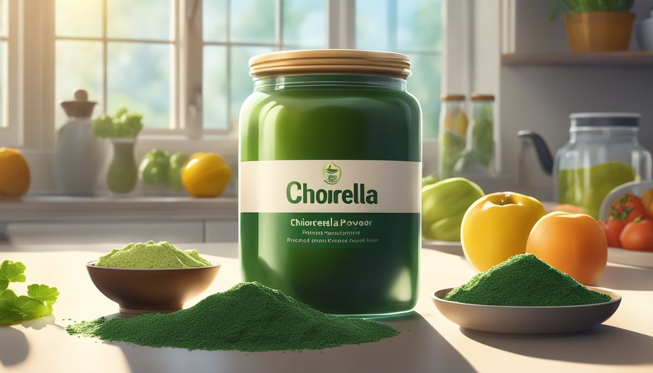 A glass jar of chlorella powder sits on a kitchen counter next to a bowl of fresh fruits and vegetables. Sunlight streams through the window, illuminating the scene