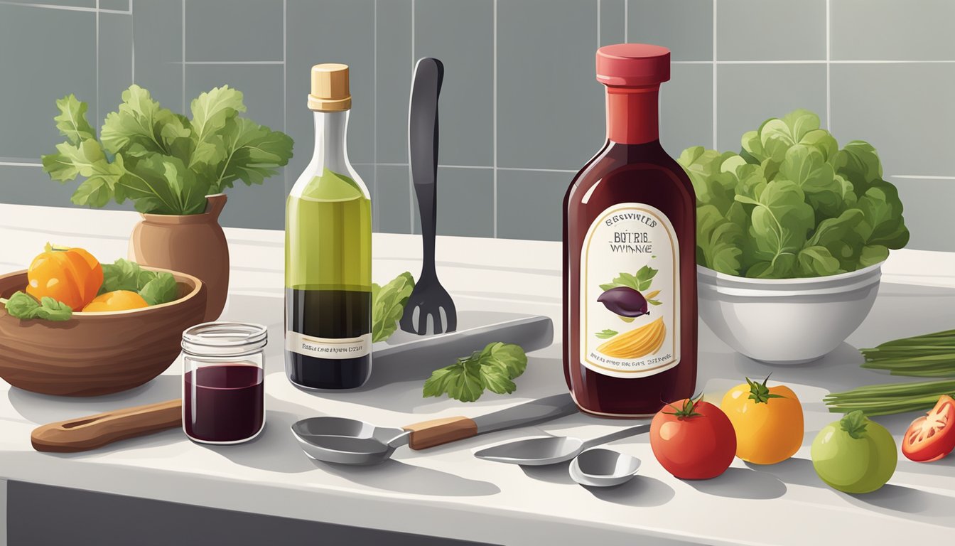 A bottle of red wine vinegar sits on a clean, well-lit kitchen countertop, surrounded by various cooking utensils and fresh ingredients