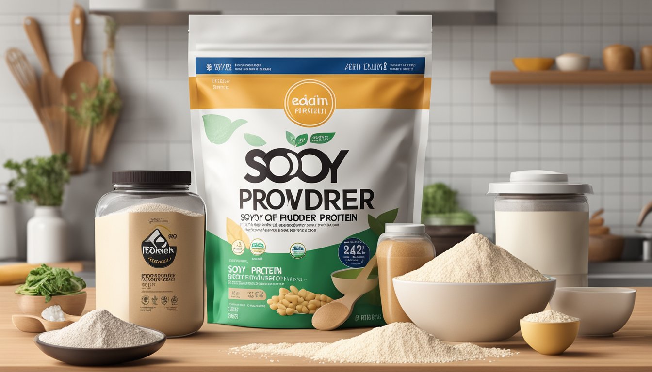 A bag of soy protein powder sits on a kitchen counter, surrounded by various food items. The expiration date on the packaging is clearly visible