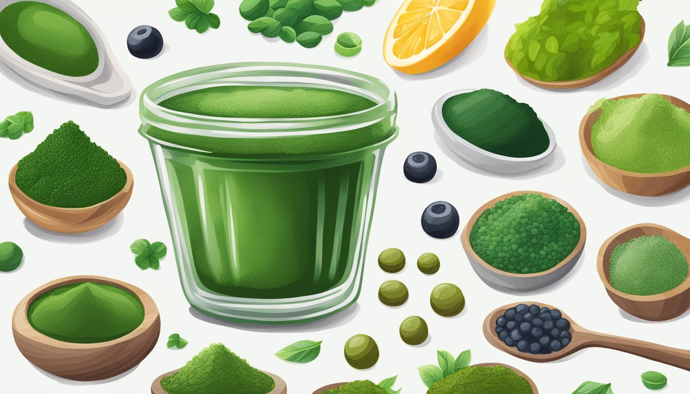 A vibrant illustration of chlorella powder surrounded by various other superfoods, highlighting its unique qualities and potential benefits