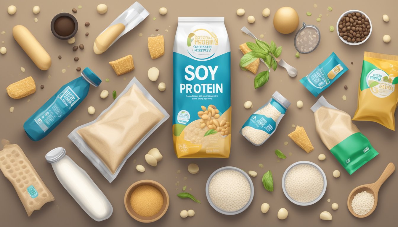 A sealed package of soy protein with a visible expiration date, surrounded by various food items and kitchen utensils