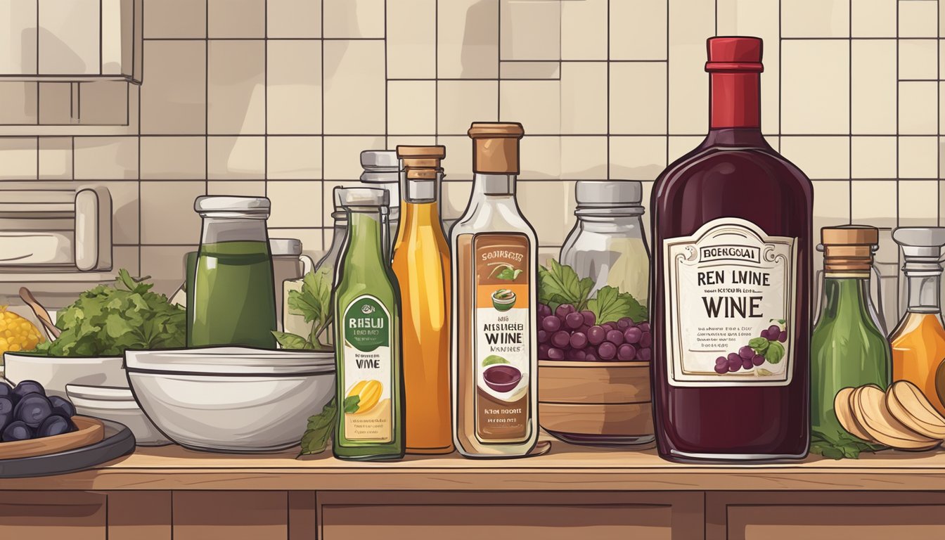 A bottle of red wine vinegar sits on a kitchen shelf, surrounded by other condiments and cooking ingredients. The label is clean and intact, and the liquid inside appears clear and unspoiled