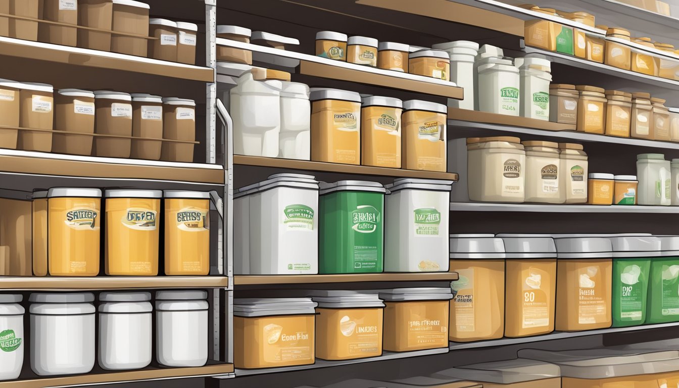 A shelf with expired soy protein containers, some bloated and leaking