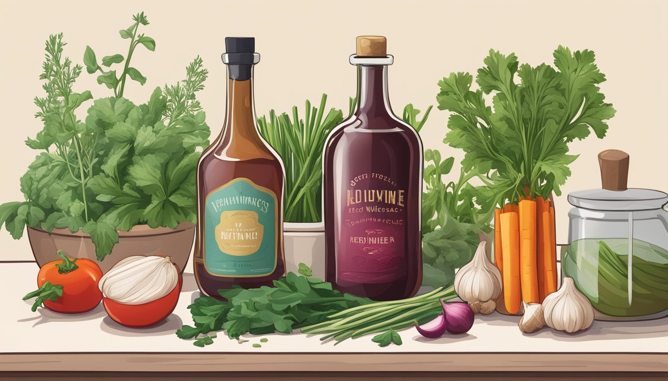 A bottle of red wine vinegar sits on a kitchen counter surrounded by fresh herbs, garlic cloves, and a variety of colorful vegetables