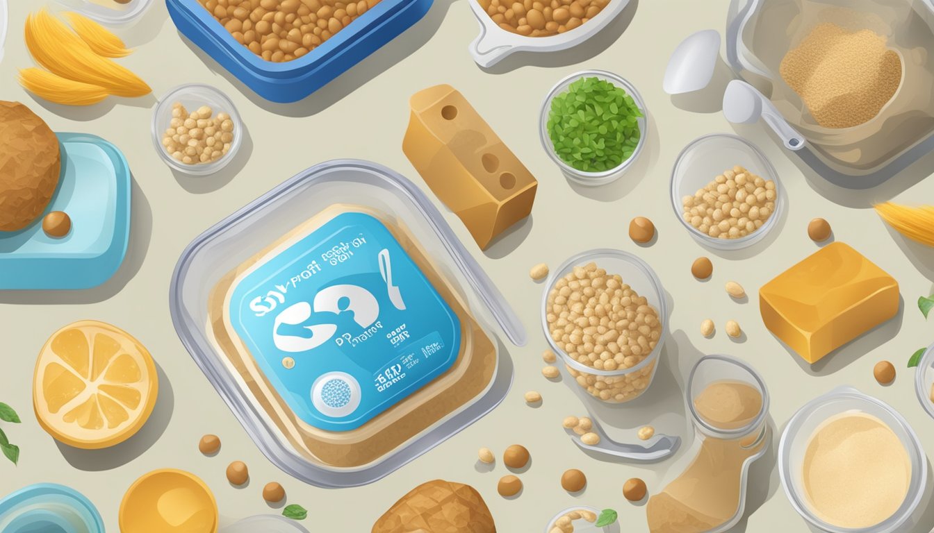 A sealed container of soy protein with a clear expiration date, surrounded by various food items and a measuring scoop