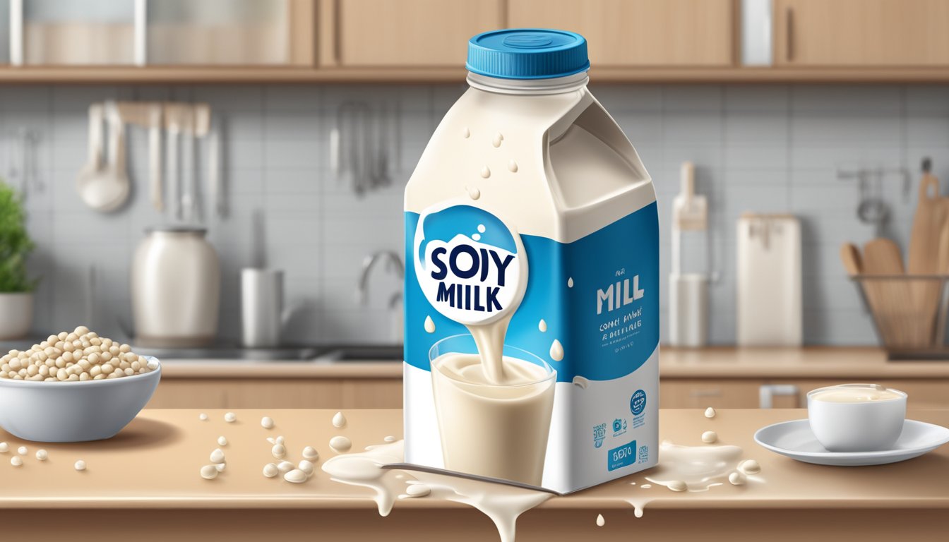 A carton of soy milk sits on a kitchen counter, with a few droplets of liquid spilling out from the opened cap. The expiration date is visible on the side of the carton