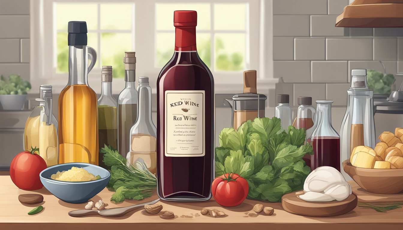 A bottle of red wine vinegar sits on a kitchen counter, surrounded by various cooking ingredients and utensils