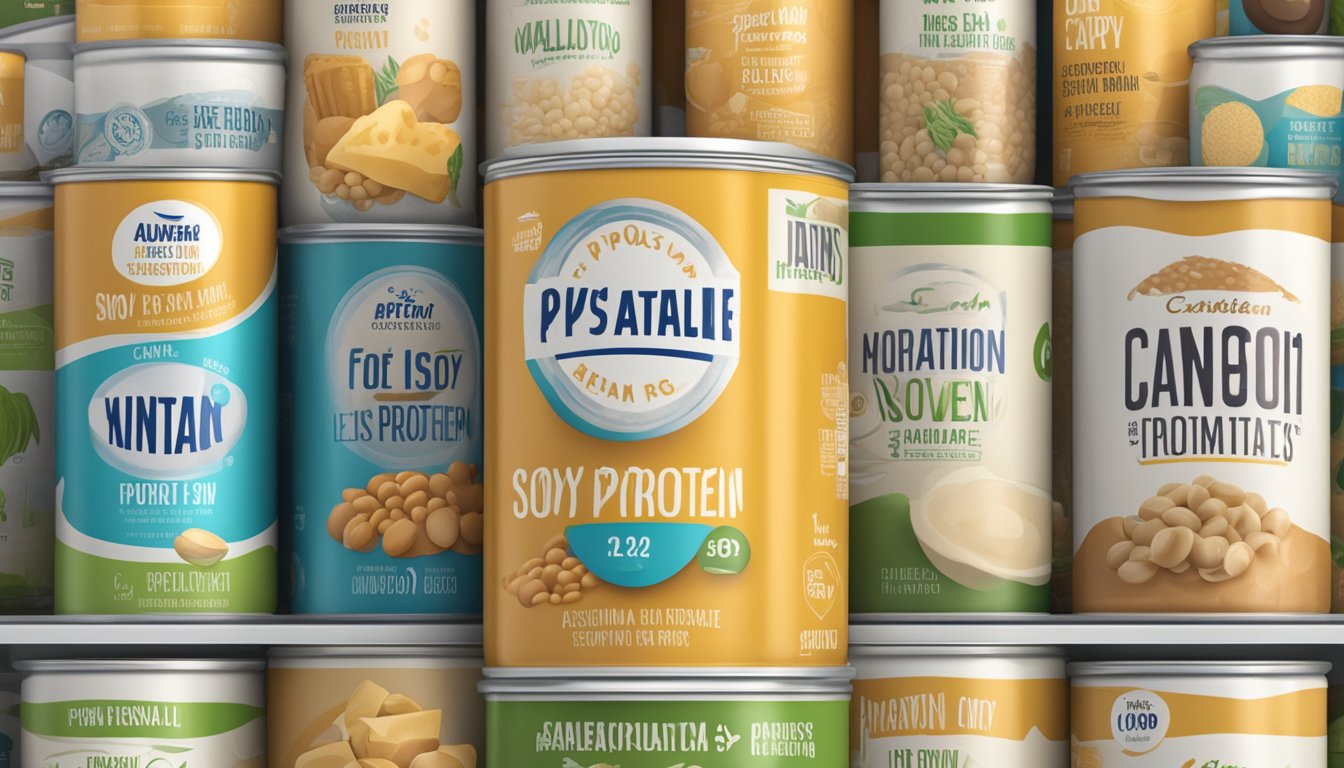 A can of soy protein sits on a shelf, surrounded by other food items. The expiration date is clearly visible on the label