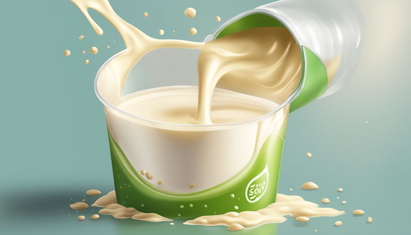 An open carton of soy milk with curdled and chunky liquid pouring out. Sour smell emanating from the container