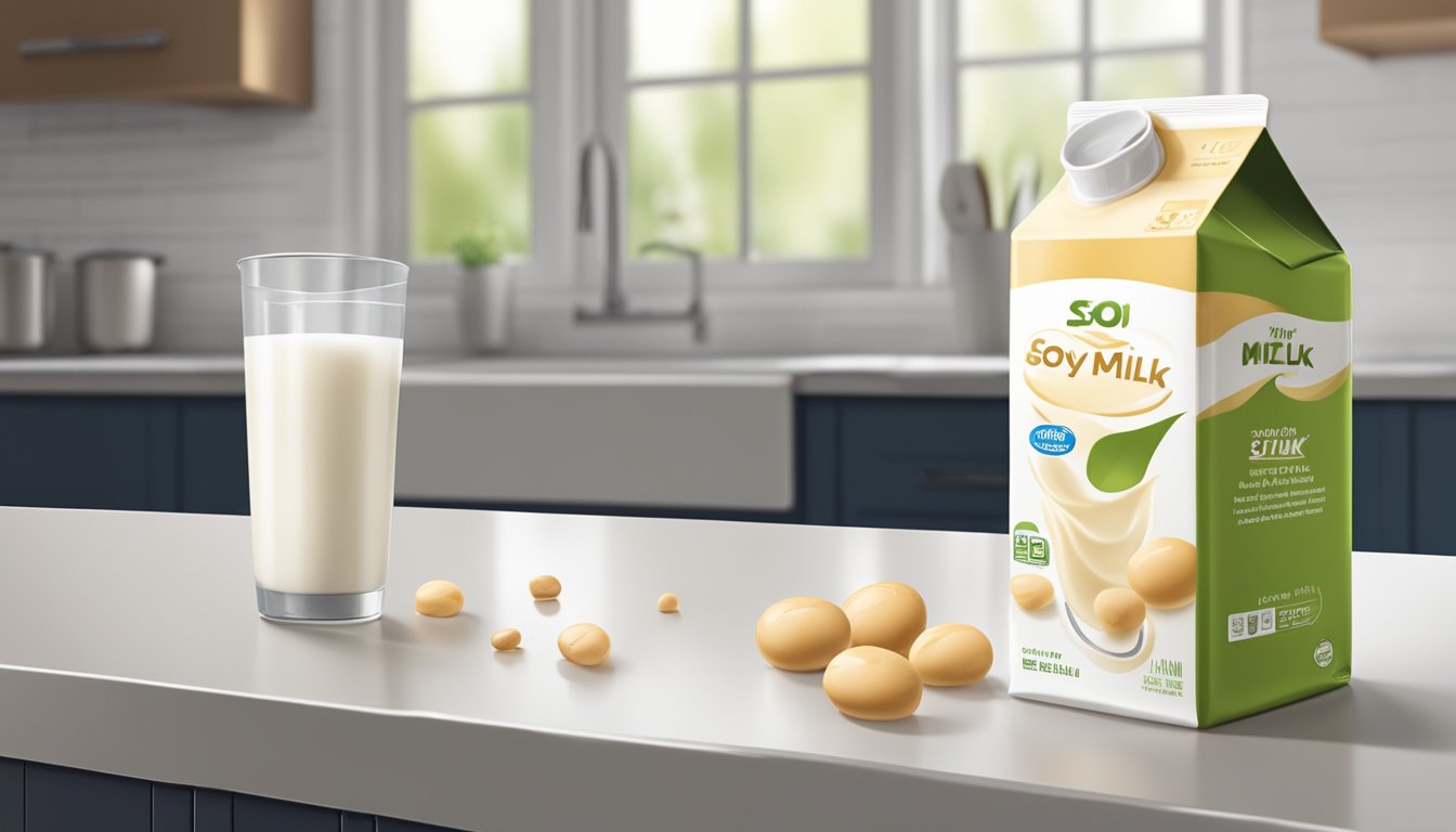 A carton of soy milk sits on a kitchen counter, with a faint sour smell emanating from the open spout. The expiration date is visible on the packaging