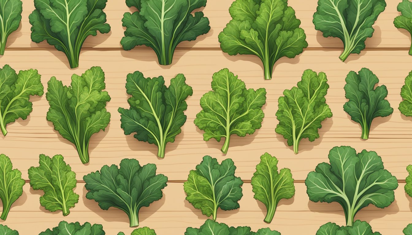 A variety of fresh kale leaves, including curly, Lacinato, and Red Russian, arranged on a wooden cutting board