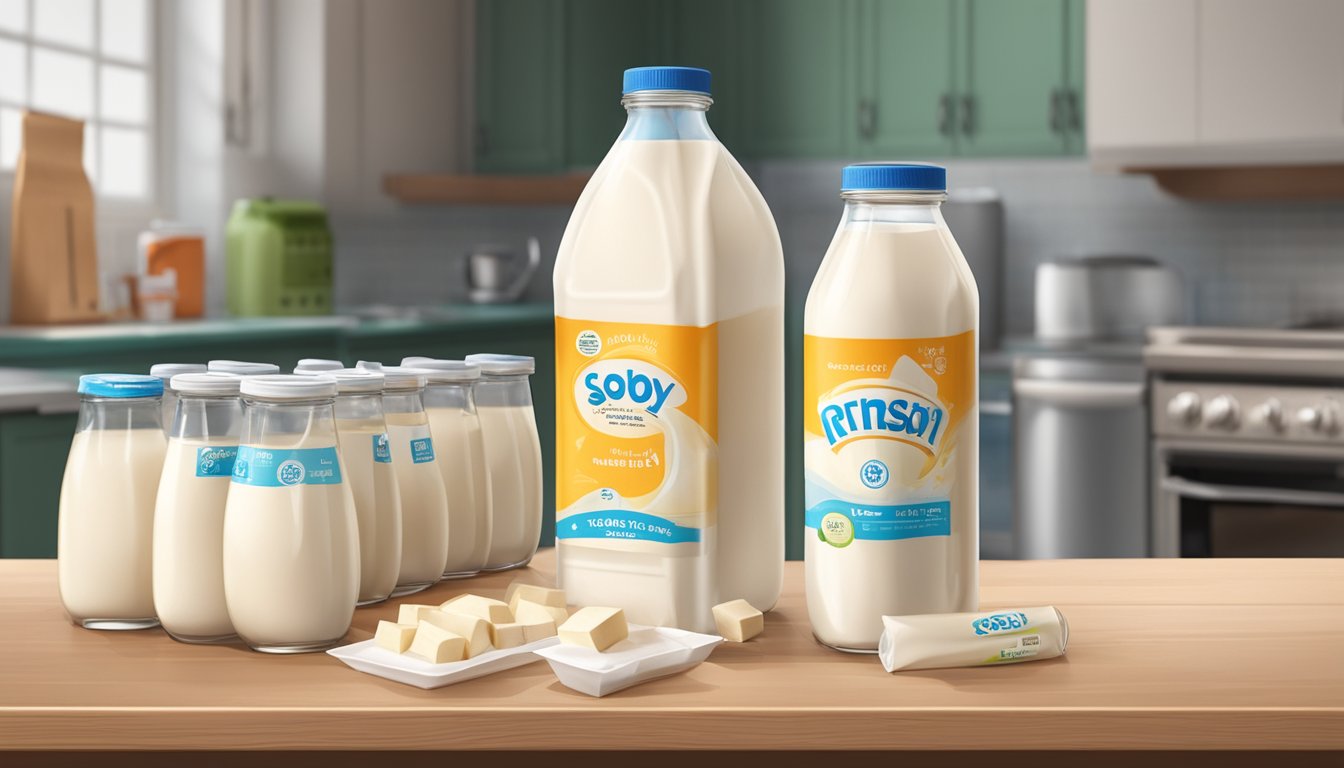 A carton of soy milk sits on a kitchen counter, surrounded by various expiration date labels and a half-empty glass