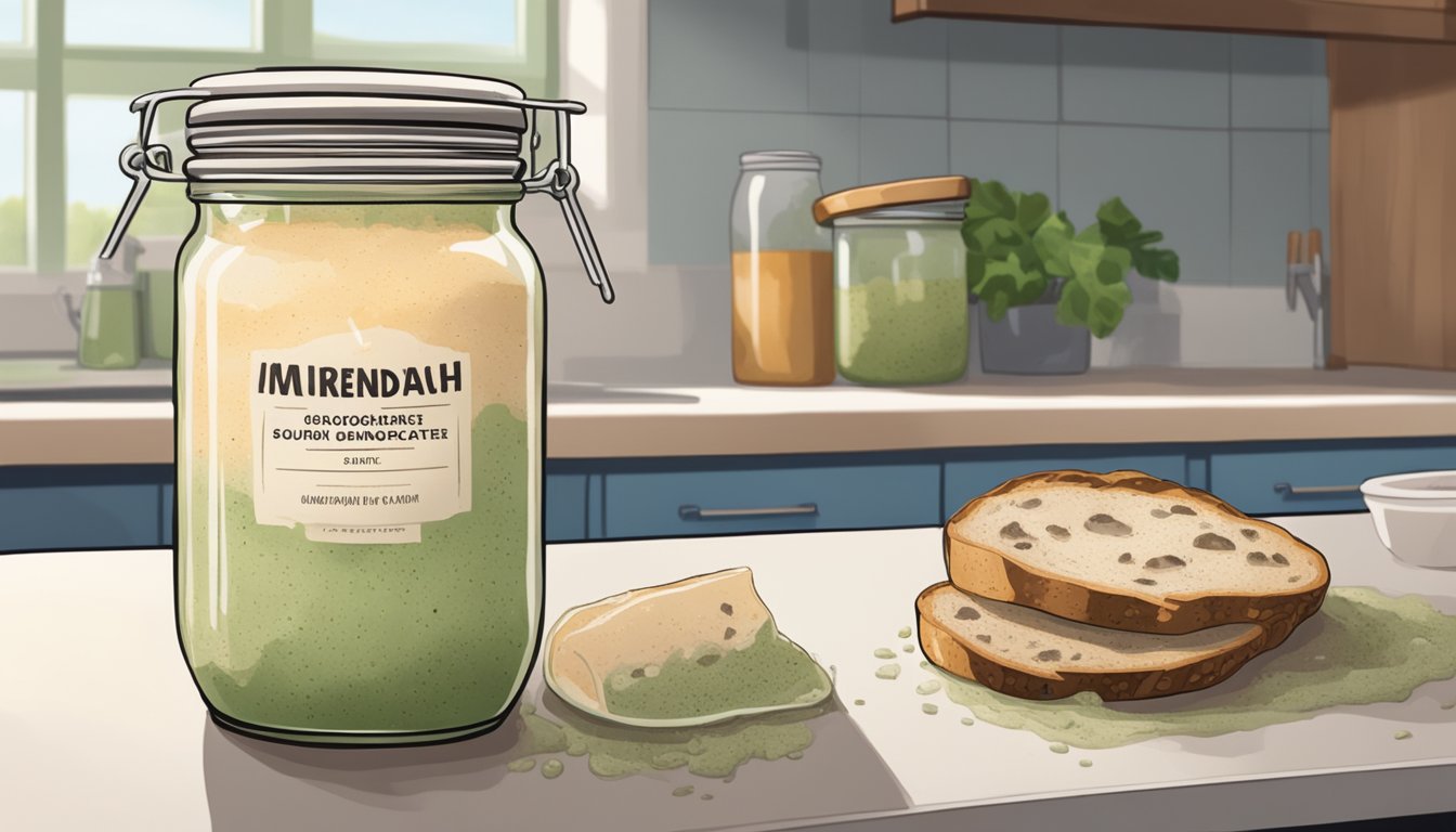 A jar of moldy sourdough starter sits on a kitchen counter, emitting a foul odor