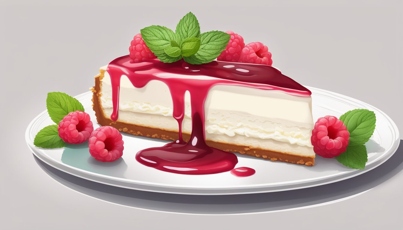 A slice of cheesecake on a white plate with a dollop of whipped cream and a drizzle of raspberry sauce, surrounded by fresh raspberries and mint leaves