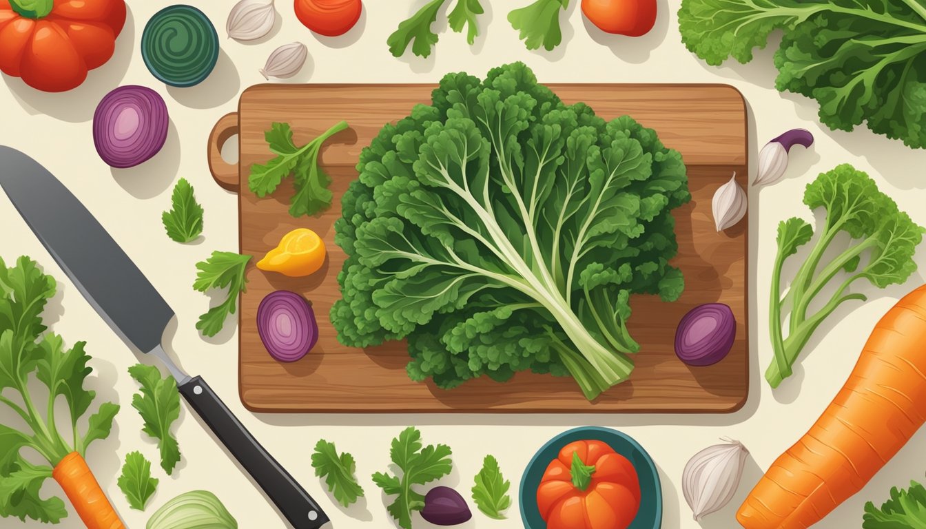 Fresh kale leaves arranged on a wooden cutting board, surrounded by colorful vegetables and a variety of cooking utensils