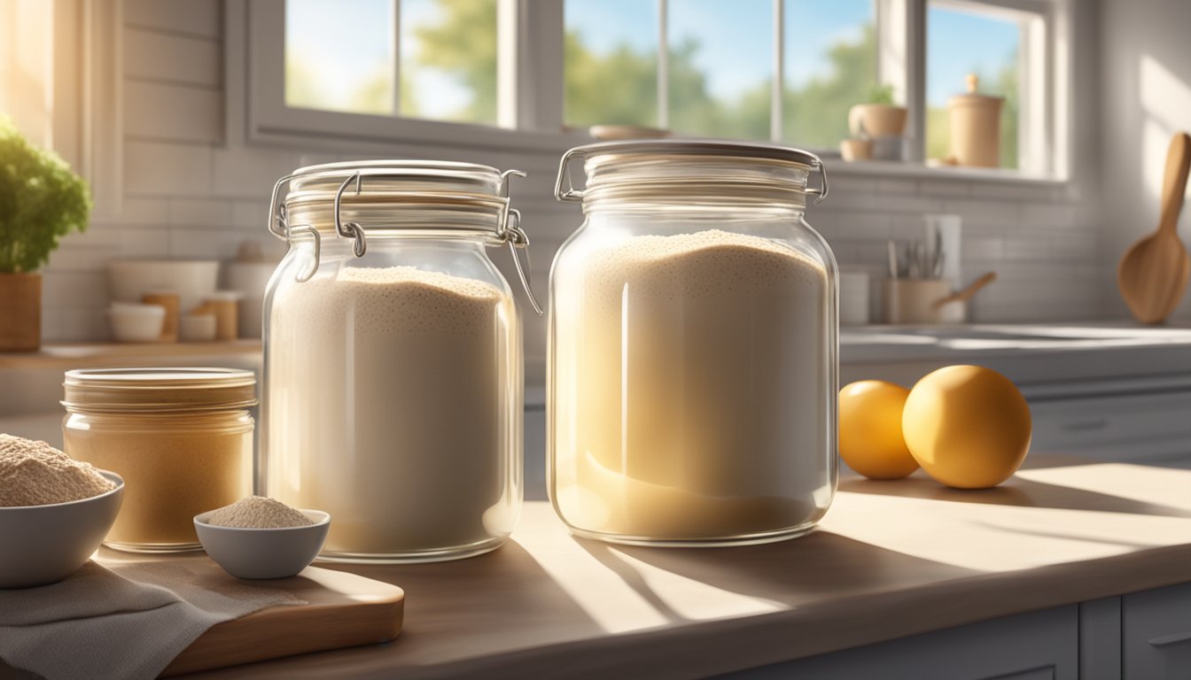 A glass jar of sourdough starter sits on a kitchen counter surrounded by various ingredients and utensils, with sunlight streaming in through a nearby window