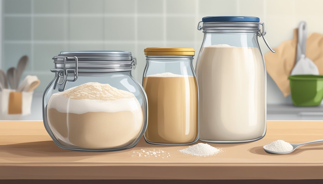 A glass jar with a lid, filled with bubbly sourdough starter, sitting on a kitchen counter next to a bag of flour and a measuring cup