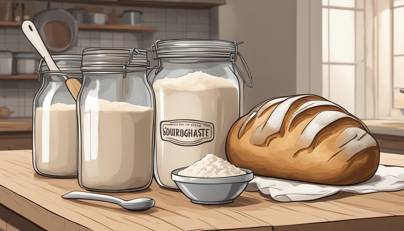 A jar of sourdough starter sits on a kitchen counter, surrounded by flour, a mixing bowl, and a wooden spoon. A loaf of freshly baked sourdough bread cools on a wire rack nearby