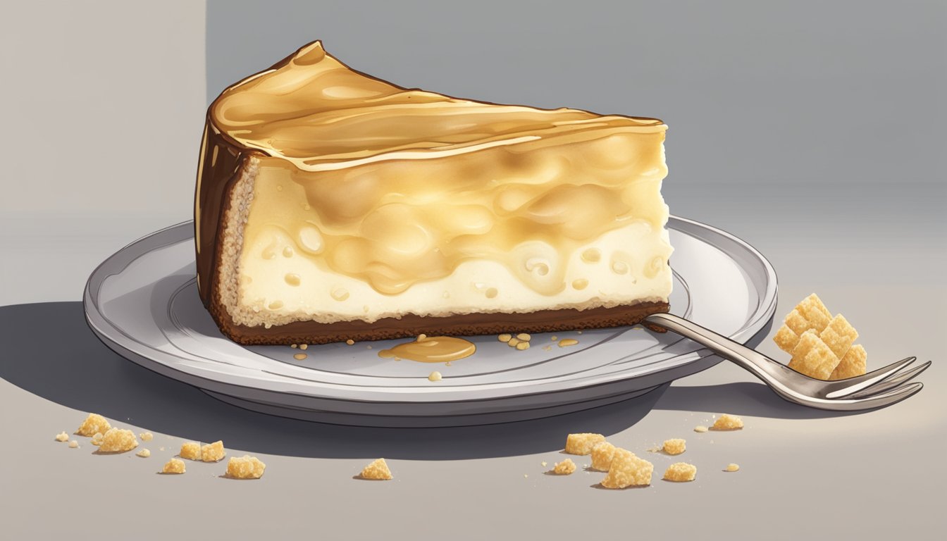 A slice of cheesecake left out on a counter, covered in mold