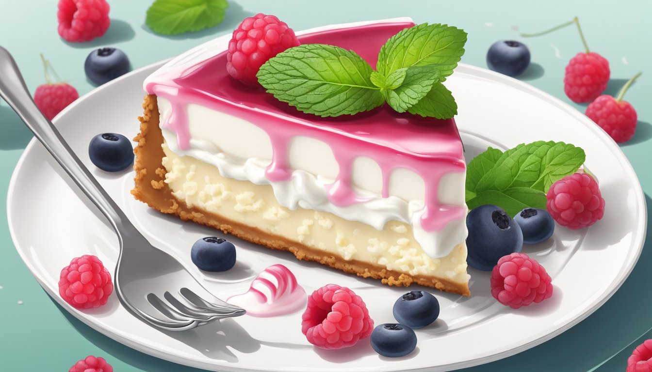 A perfect slice of cheesecake on a clean white plate, with a dollop of whipped cream and a drizzle of raspberry sauce, surrounded by fresh berries and mint leaves