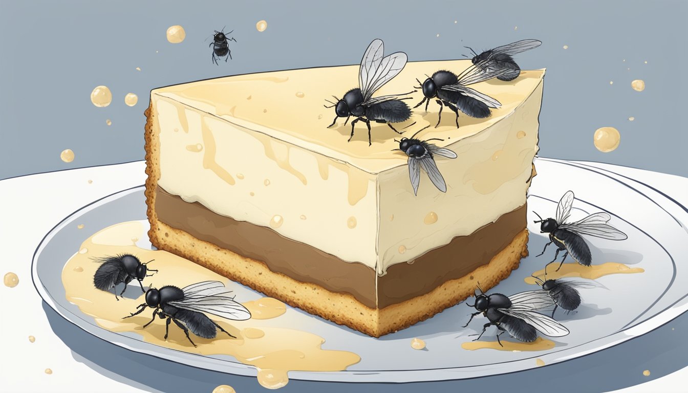 A slice of cheesecake sits on a plate, covered in mold, surrounded by flies