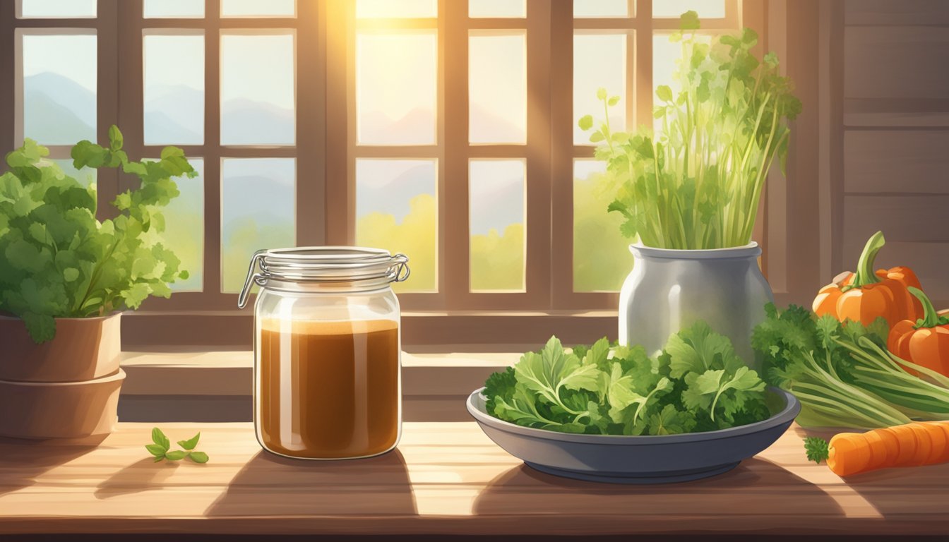 A clear glass jar of bone broth powder sits on a wooden countertop, surrounded by fresh herbs and a bowl of vegetables. Sunlight streams in through a nearby window, casting a warm glow over the scene