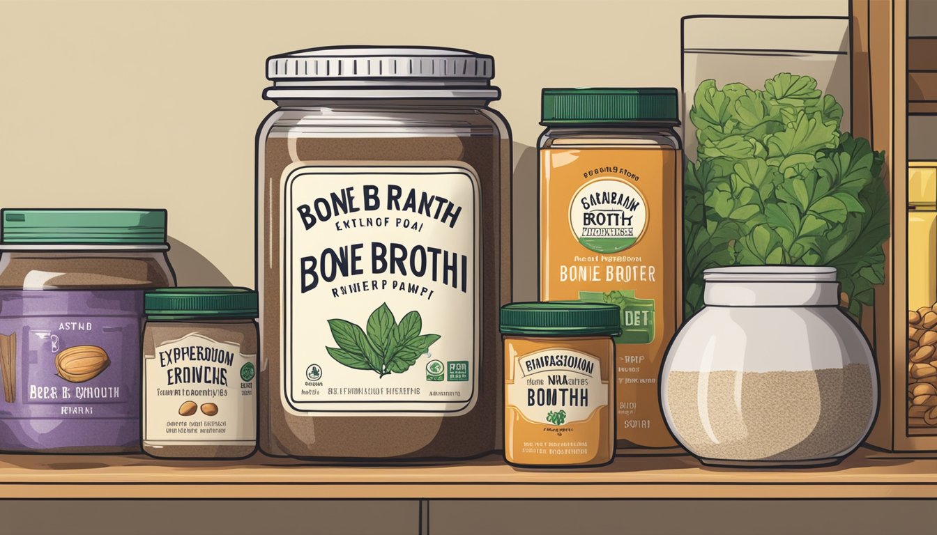 A jar of bone broth powder sits on a kitchen shelf, surrounded by other pantry items. The expiration date on the label is visible