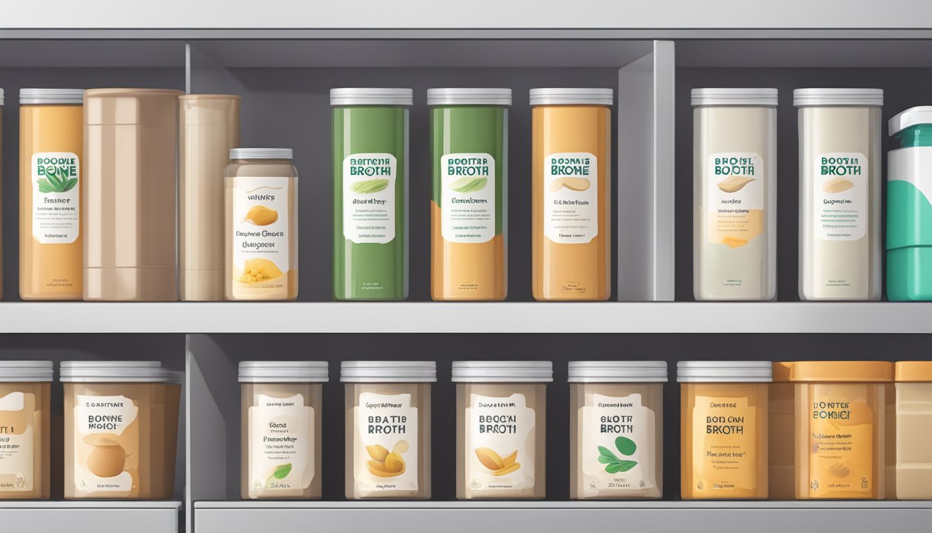 A sealed container of bone broth powder sits on a shelf, surrounded by other neatly organized storage containers