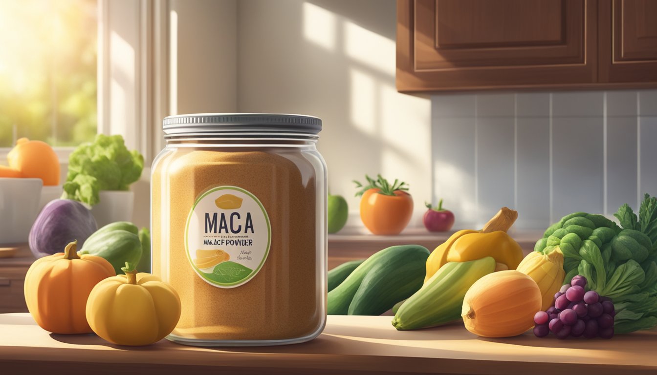 A jar of Maca powder sits on a kitchen counter, surrounded by fresh fruits and vegetables. The sunlight streams in through the window, casting a warm glow on the scene