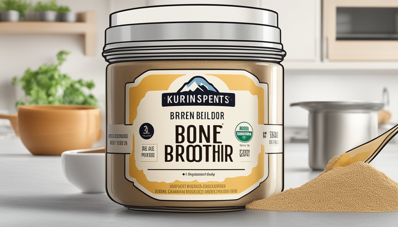 A jar of bone broth powder sits on a kitchen counter, with visible signs of spoilage such as clumping and discoloration