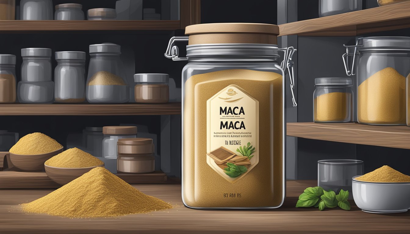 A sealed container of maca powder stored in a cool, dark pantry