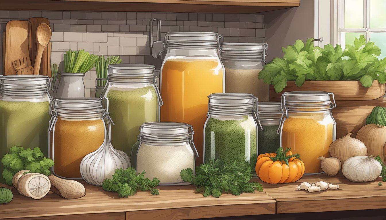 A rustic kitchen counter with jars of homemade and store-bought bone broth powder, surrounded by fresh vegetables and herbs