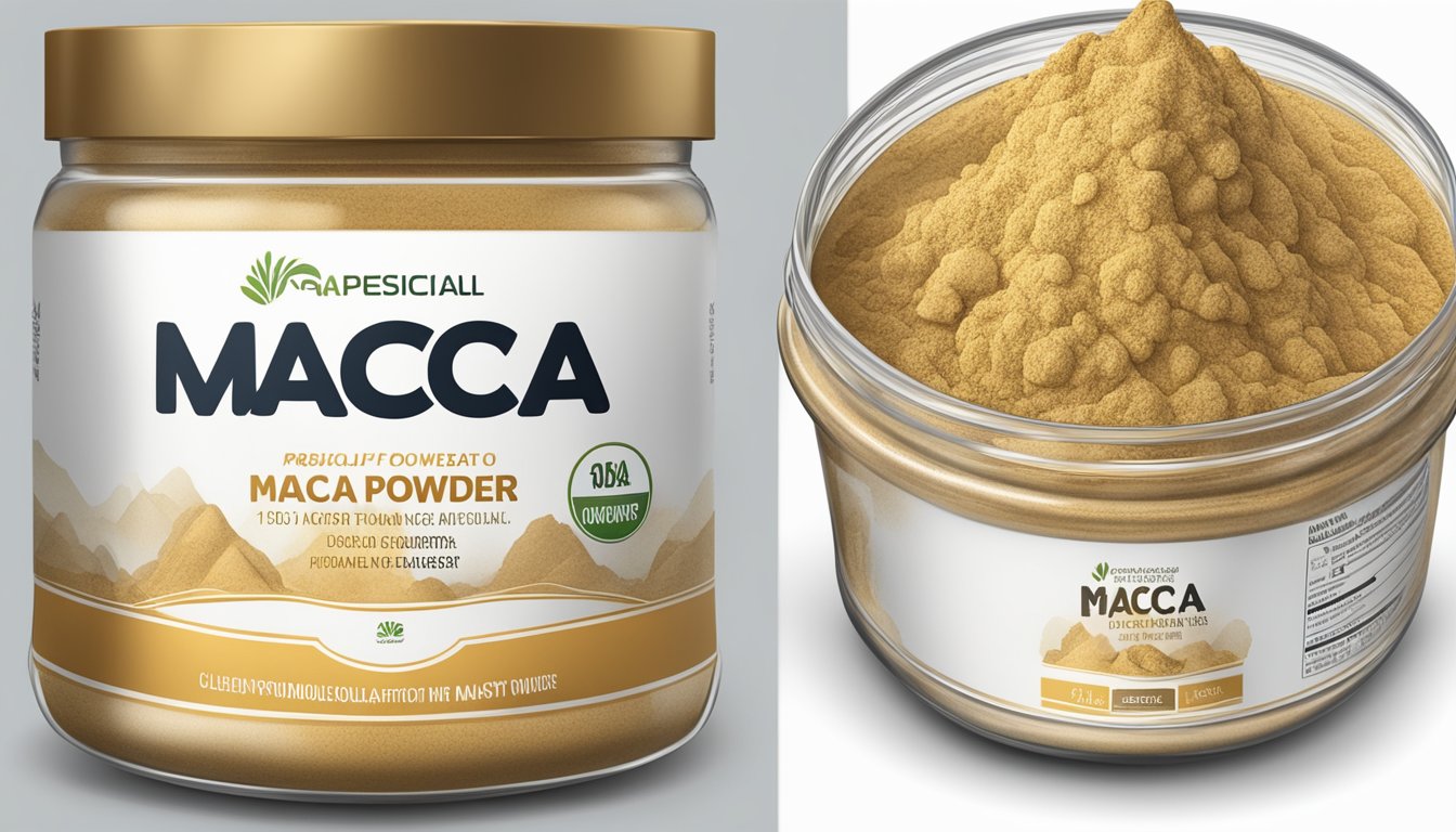 A jar of maca powder with a musty odor, clumped texture, and discoloration