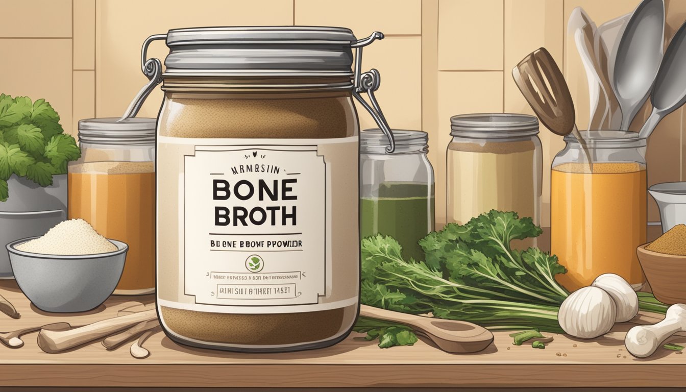 A jar of bone broth powder sits on a kitchen counter, surrounded by various cooking utensils and ingredients. The label on the jar is faded and peeling