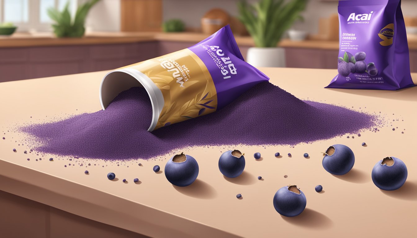 Acai powder spilling from a torn package, scattered on a kitchen counter, with a few granules rolling onto the floor