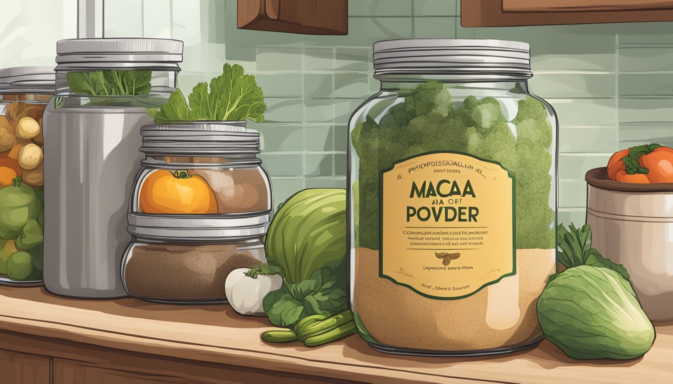 A jar of maca powder sits on a kitchen counter, surrounded by various fruits and vegetables. The label on the jar indicates the expiration date