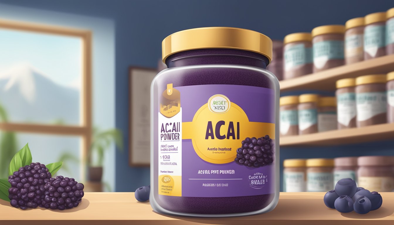 Acai powder in a sealed container on a shelf with an expiration date label