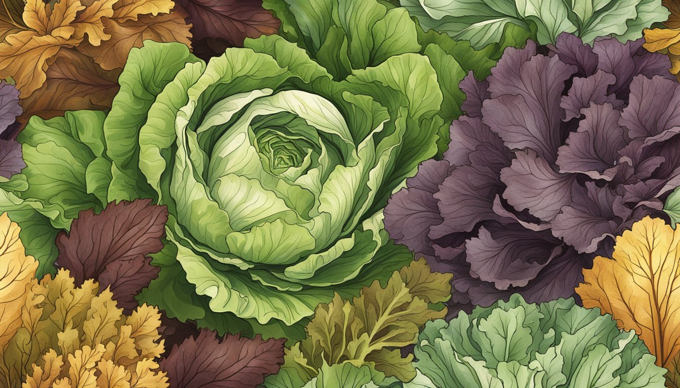 A variety of lettuces in different colors and textures, some fresh and crisp while others are starting to wilt and turn brown