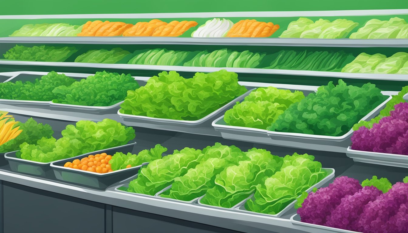 Fresh lettuce in a vibrant green color, crisp and without any wilting or browning, displayed on a clean and organized shelf in a grocery store