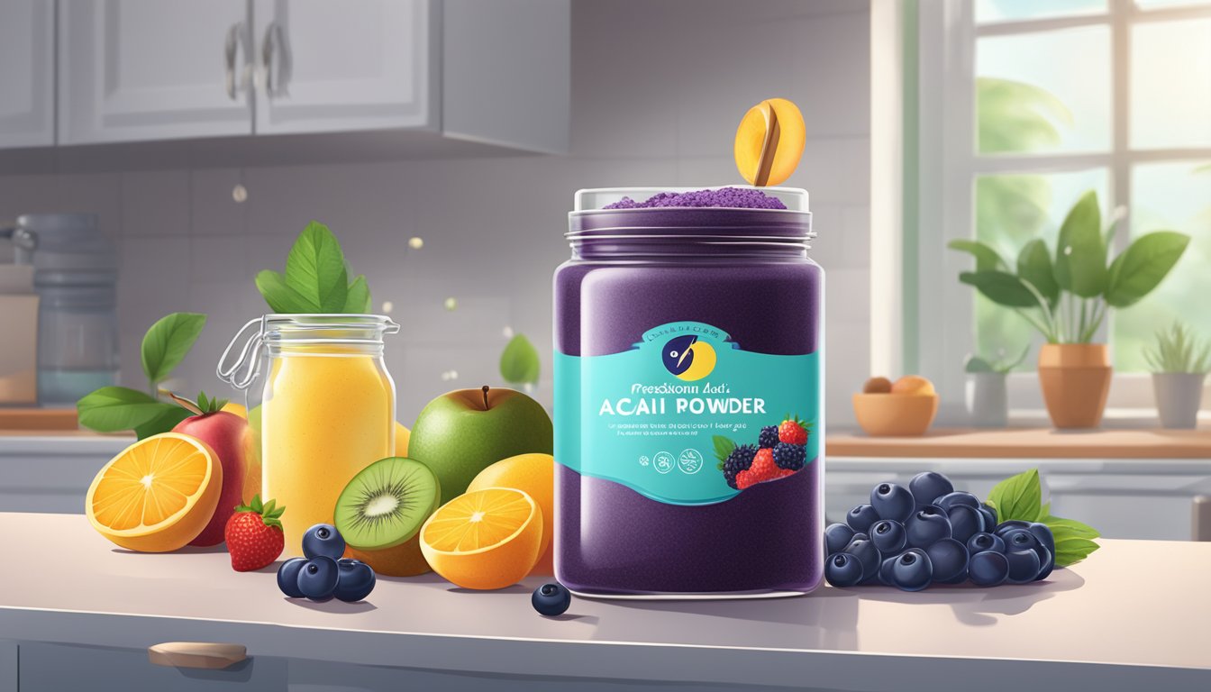 A jar of acai powder sits on a clean, well-lit kitchen counter, surrounded by fresh fruits and a glass of water