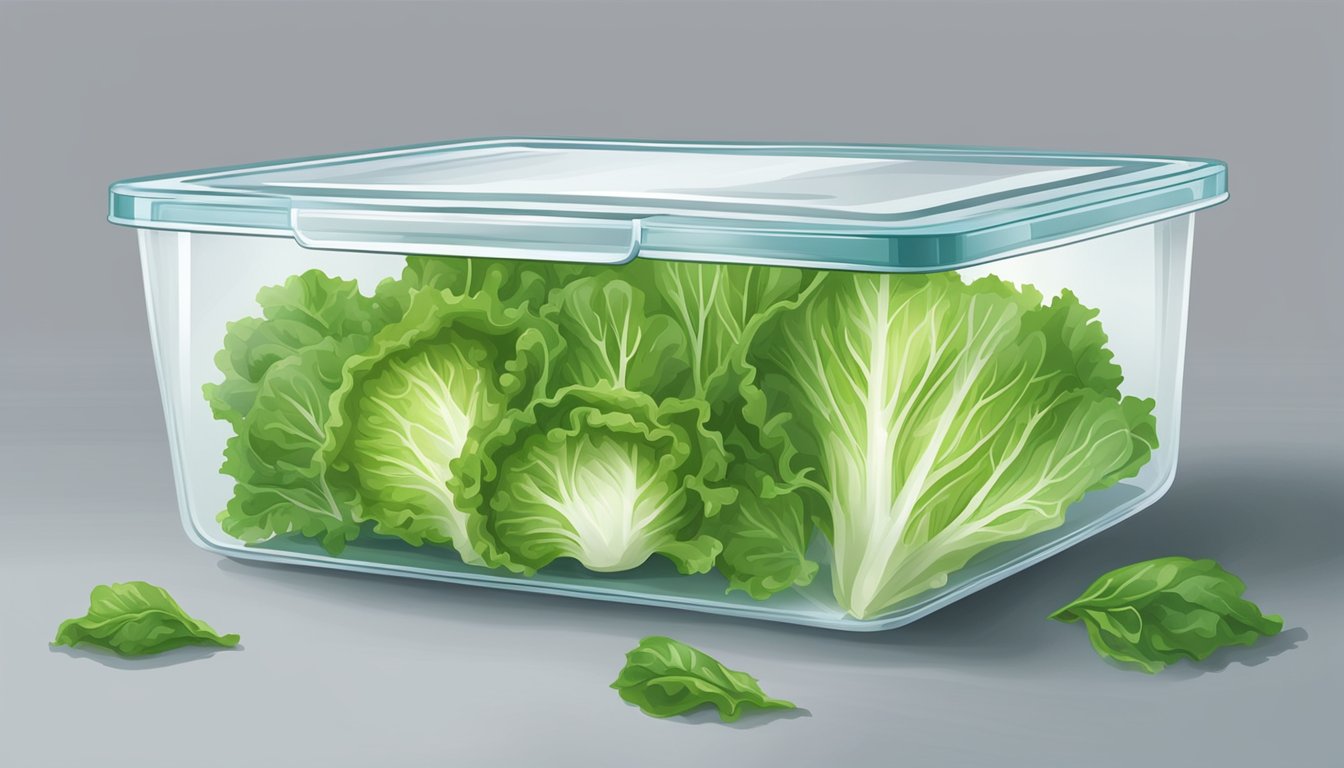 Fresh lettuce stored in a sealed, airtight container in the refrigerator