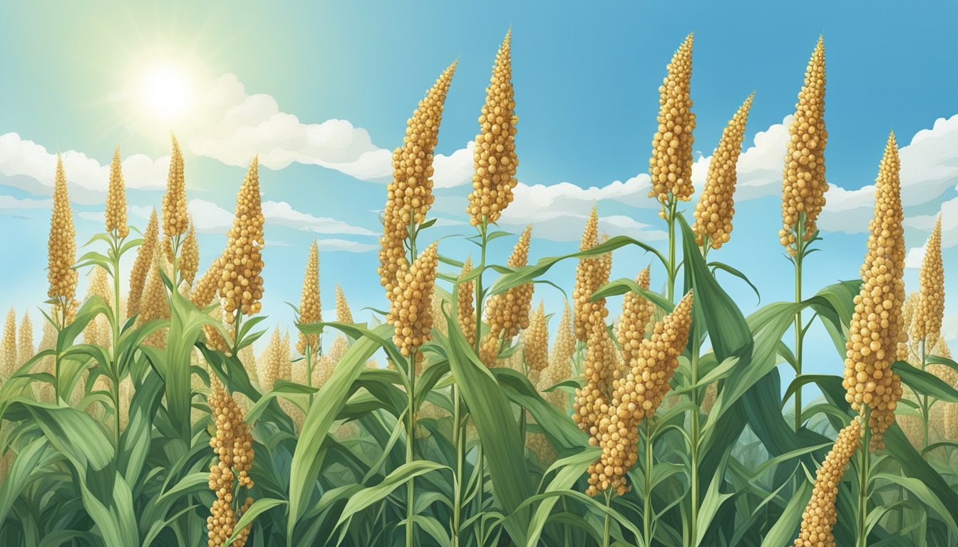 A healthy sorghum plant in a field, with tall stalks and clusters of grain at the top, under a clear blue sky