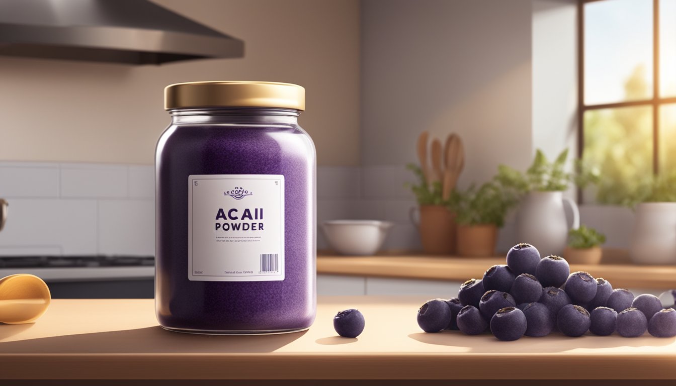 A jar of acai powder sits on a kitchen counter with an expiration date visible on the label. A ray of sunlight illuminates the jar, casting a warm glow