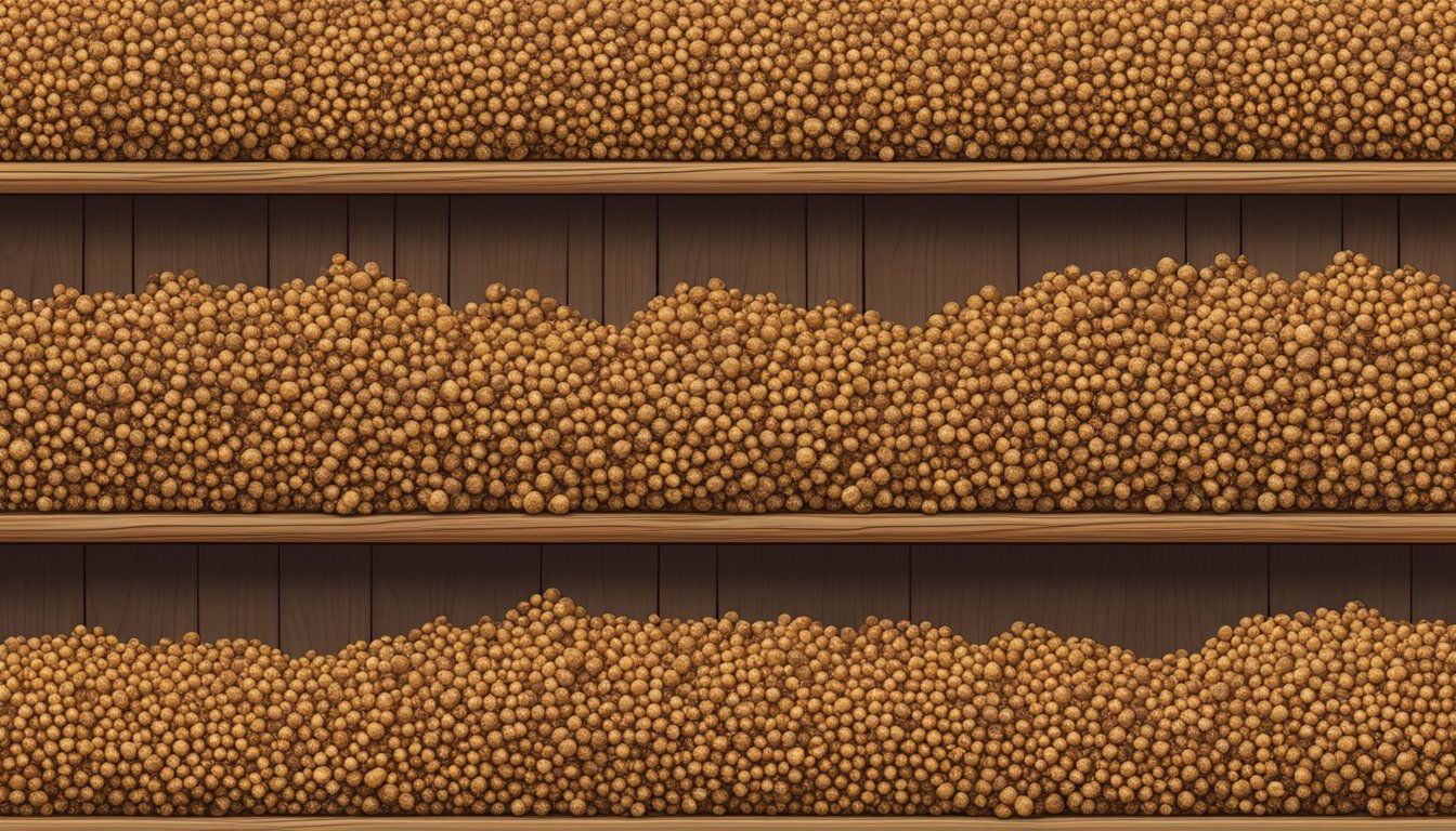 A pile of sorghum grains on a wooden shelf, some starting to show signs of spoilage with mold and discoloration