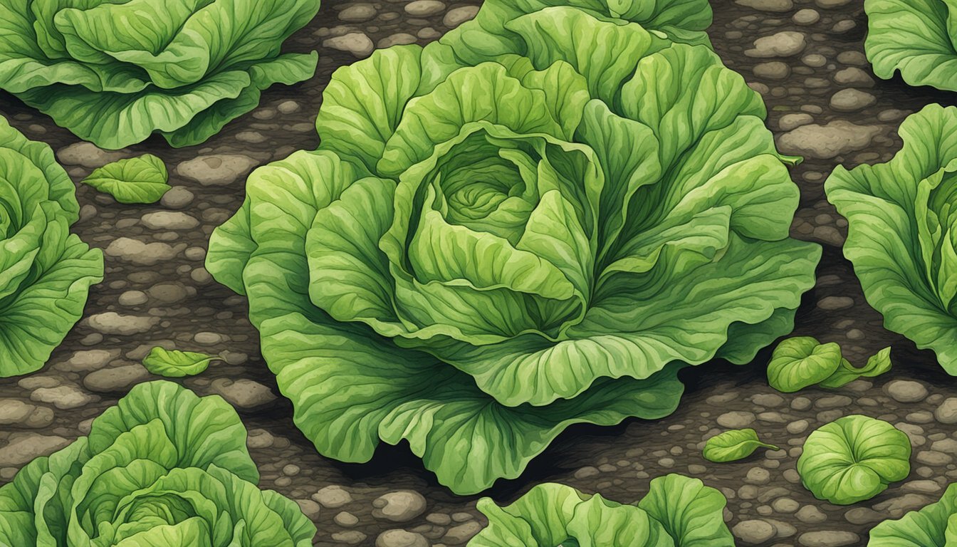 A wilting head of lettuce surrounded by moldy patches