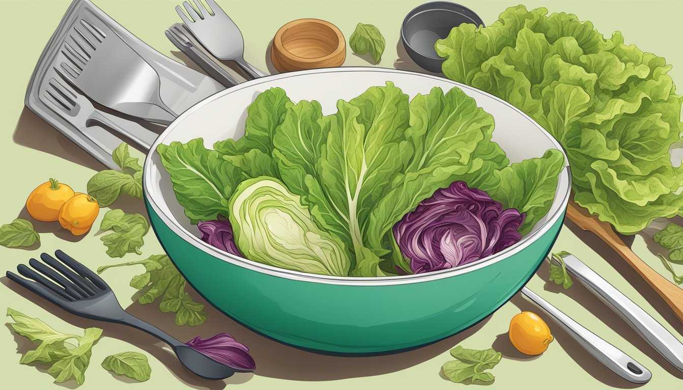 A vibrant lettuce leaf wilting in a bowl, surrounded by various kitchen utensils and ingredients